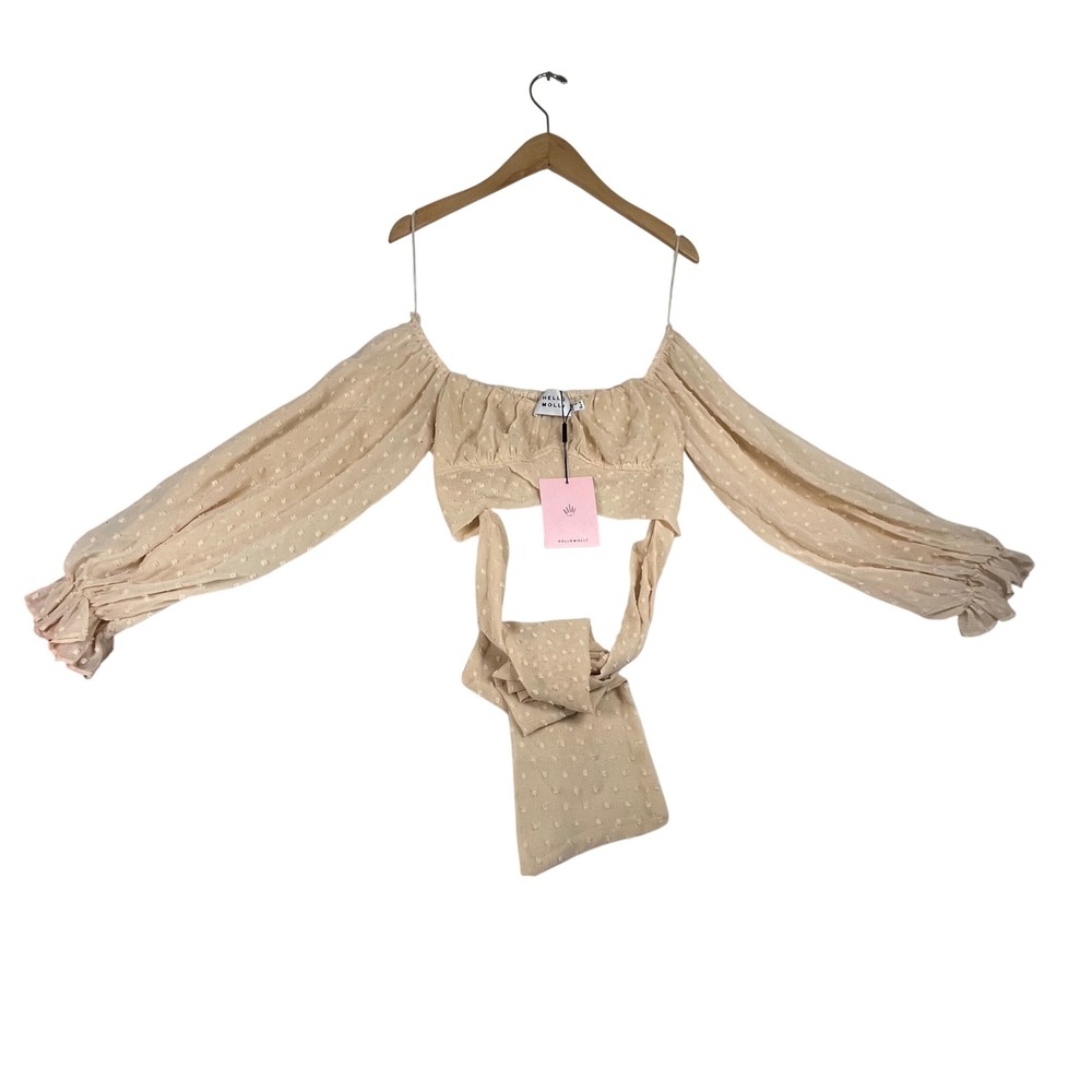 Hello Molly Beige Swiss Dot Off-Shoulder Wrap Crop Top Balloon Sleeve NWT